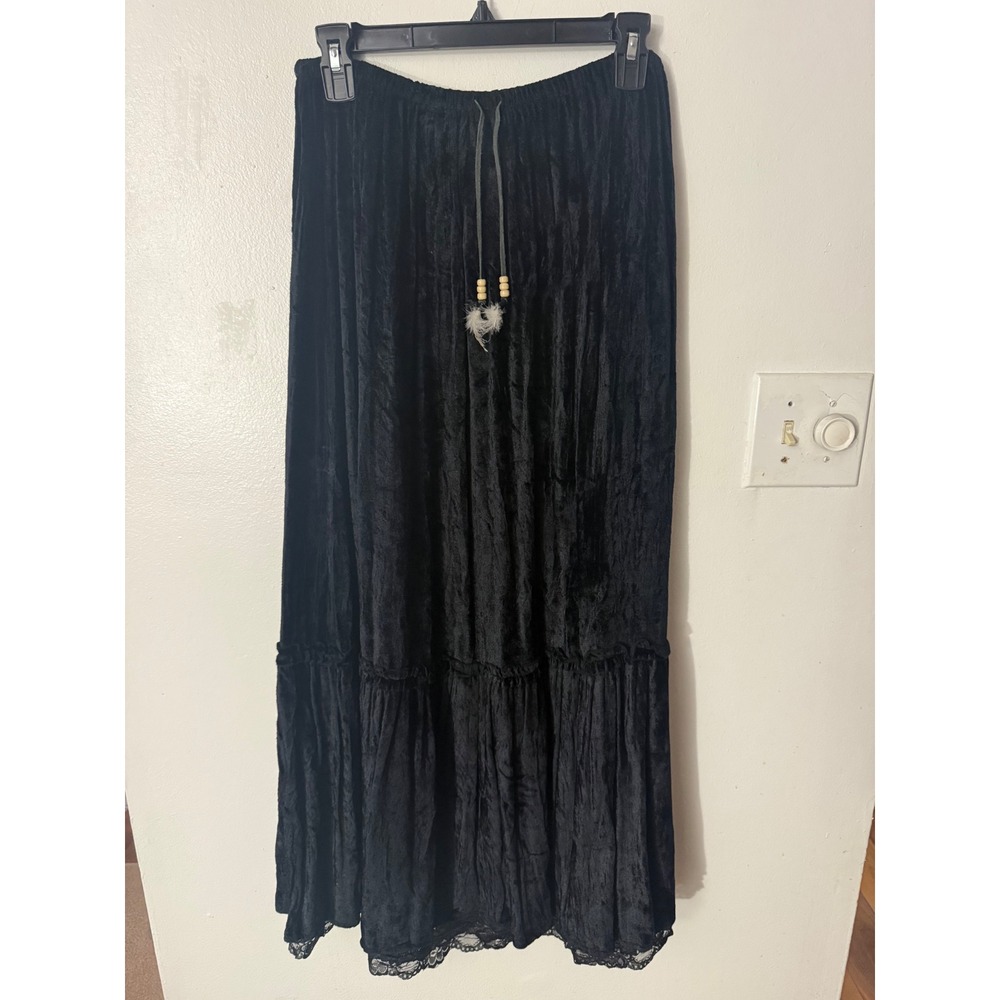 Black Crushed Velvet Maxi Skirt Tiered Lace Trim Boho Whimsigoth Feather Charm